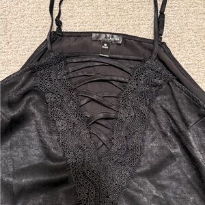 Aqua Black Satin Lace-Detail Strappy Cami